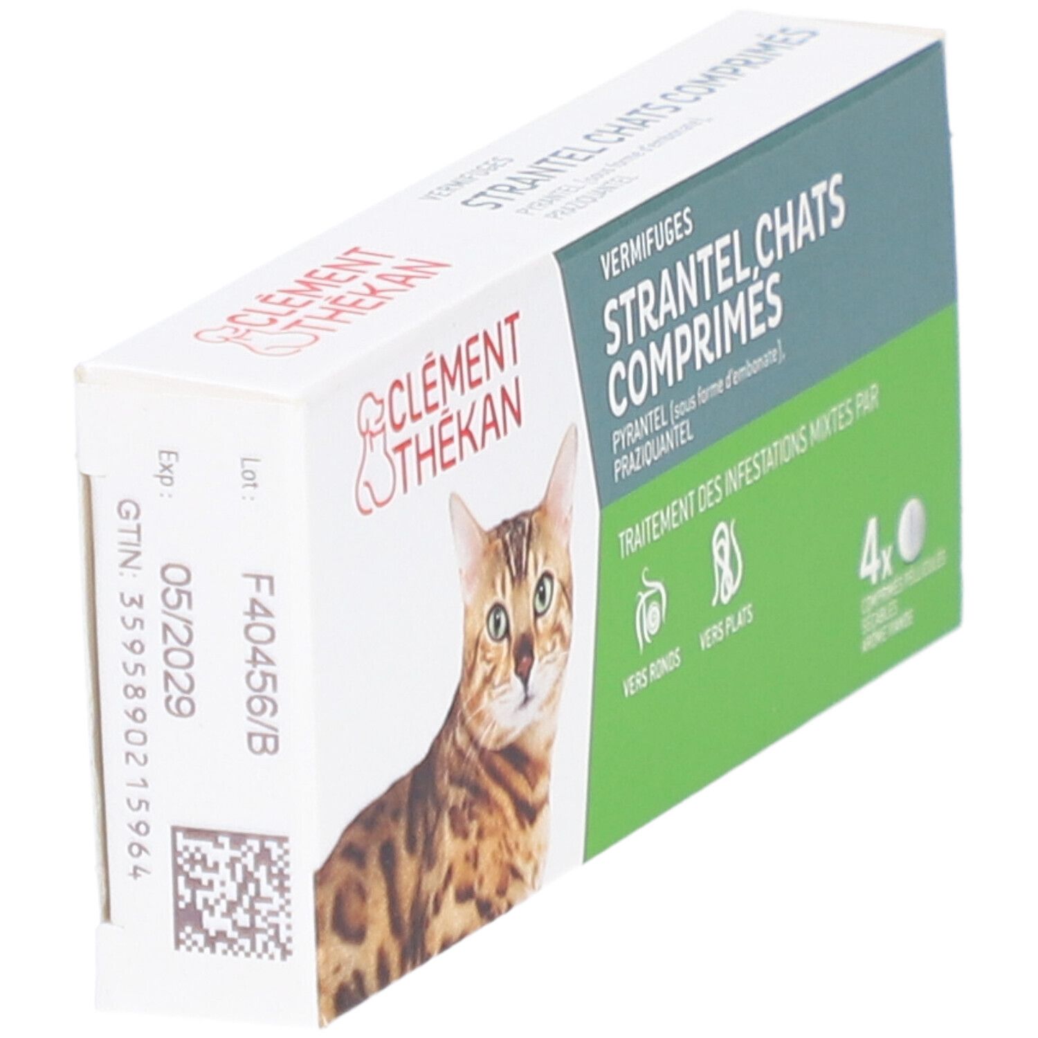 Boîte de comprimés pour chats. Contient 4 comprimés. Emballage vert et blanc.