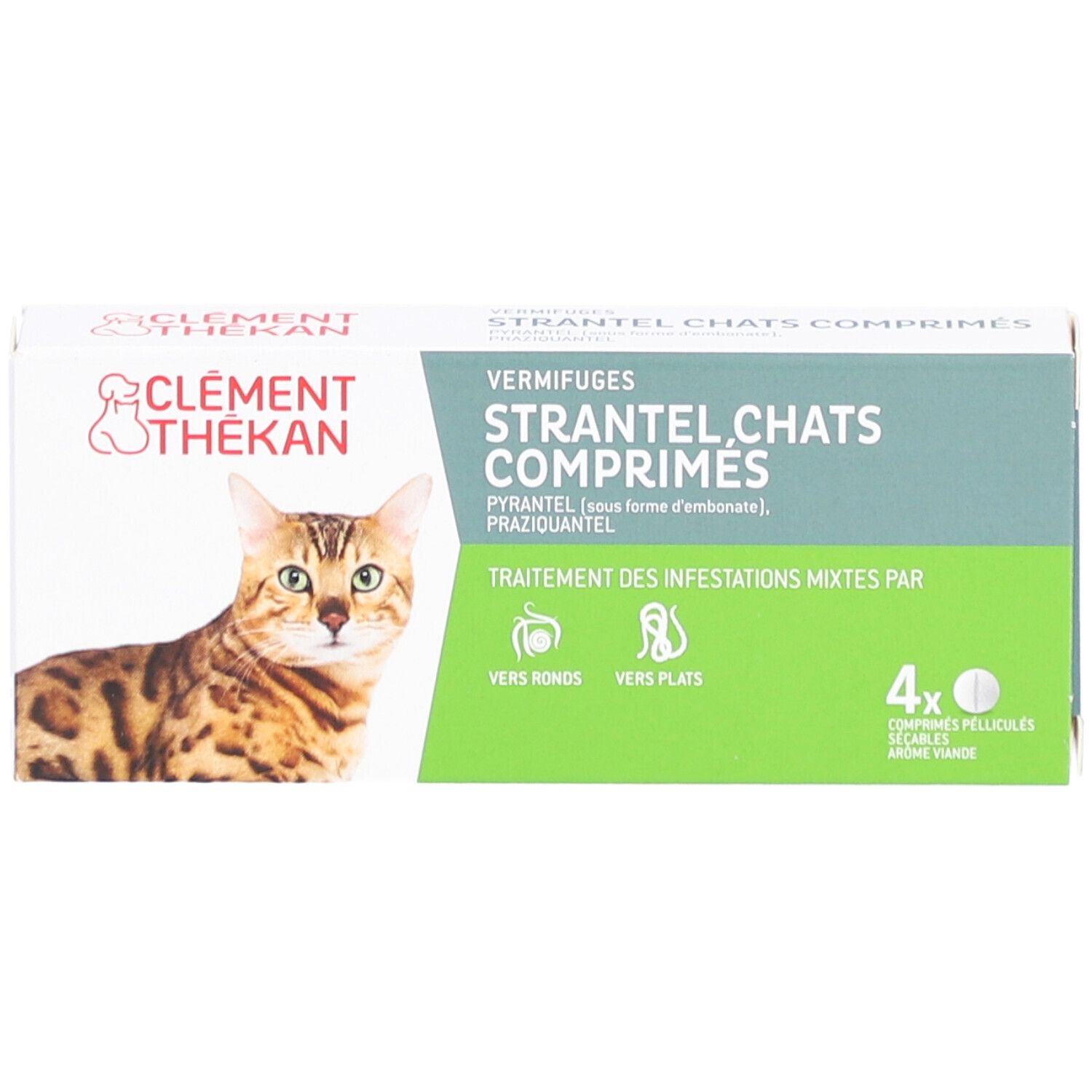 Boîte de comprimés pour chats. Contient 4 comprimés. Emballage vert et blanc.