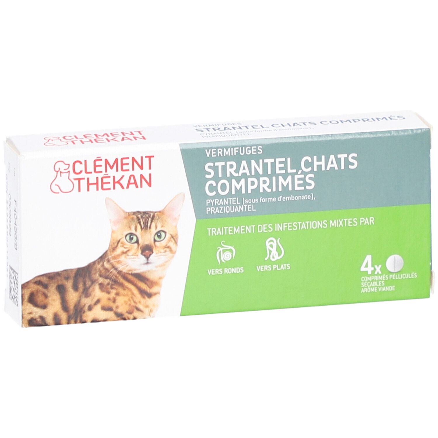 Boîte de comprimés pour chats. Contient 4 comprimés. Emballage vert et blanc.