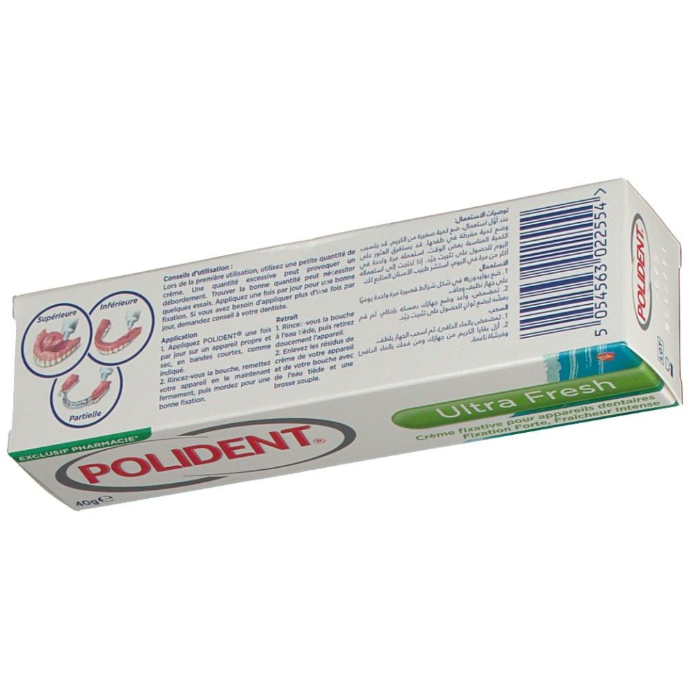 Emballage de POLIDENT® Ultra Fresh. Blanc, accents verts et rouges. Texte: Ultra Fresh, POLIDENT®, 40g. Vue en biais.