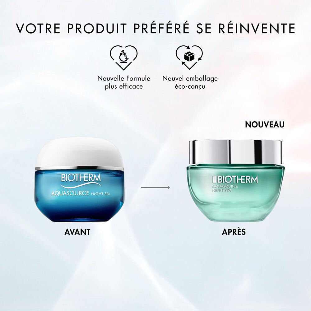 Comparaison de deux pots de crème. Gauche : bleu, droite : vert. Texte : Nouvelle formule, nouvel emballage.