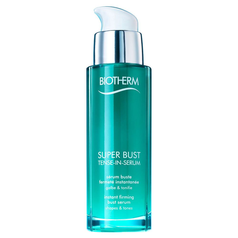 Sérum Biotherm Super Bust Tense-In-Serum. Flacon turquoise avec pompe argentée. Nom du produit et description visibles.
