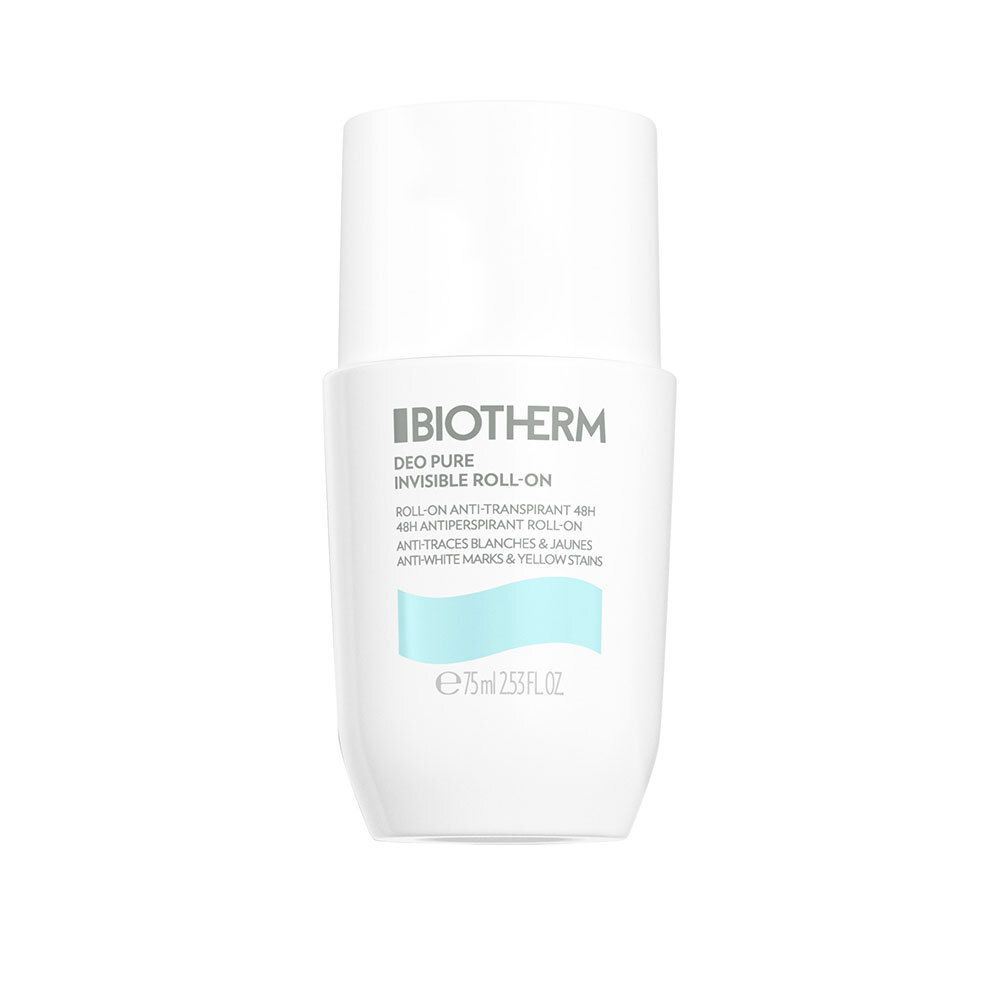 Roll-on déodorant blanc BIOTHERM. Le nom du produit et d'autres informations sont imprimés sur le contenant.
