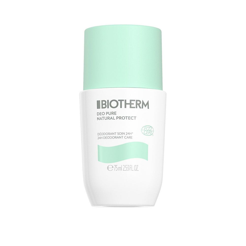 Déodorant roll-on blanc et bouchon vert clair. Inscription: Biotherm Deo Pure Natural Protect. Avec label Ecocert.