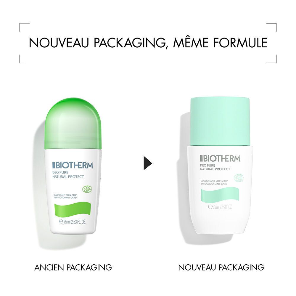 Comparaison de deux déodorants roll-on. À gauche: ancien design. À droite: nouveau design. Inscription: Biotherm Deo Pure Natural Protect.