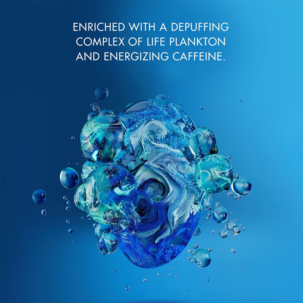 Représentation abstraite de formes bleues et turquoises rappelant l'eau. Texte : ENRICHED WITH A DEPUFFING COMPLEX OF LIFE PLANKTON AND ENERGIZING CAFFEINE.