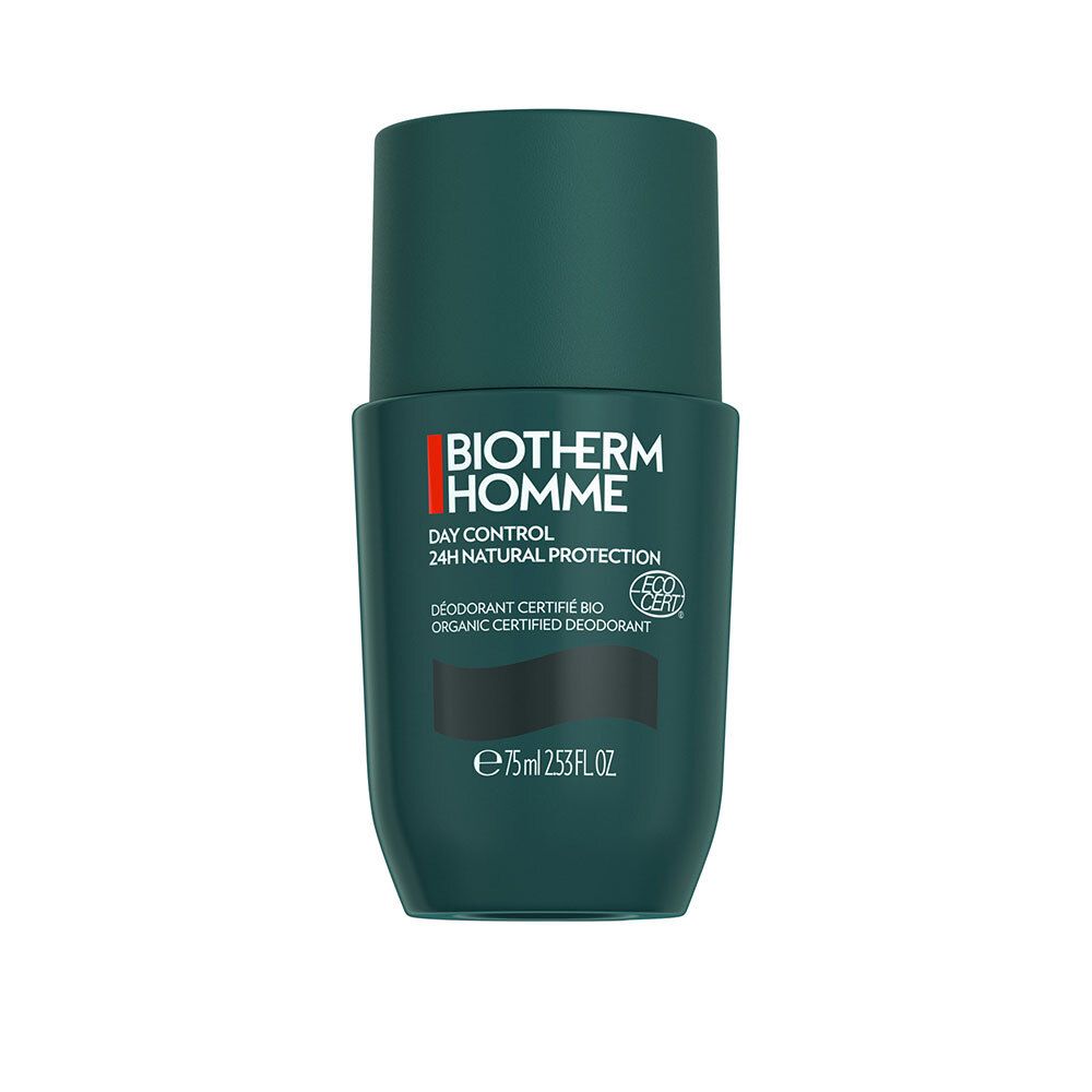 Roll-on déodorant vert avec bouchon noir. Inscription: Biotherm Homme, Day Control, 24H Natural Protection. Logo ECOCERT.