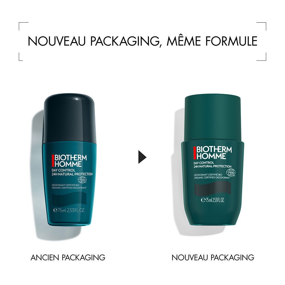 Comparaison de deux déodorants roll-on. À gauche: ancien emballage. À droite: nouvel emballage. Texte: Nouveau packaging, même formule.