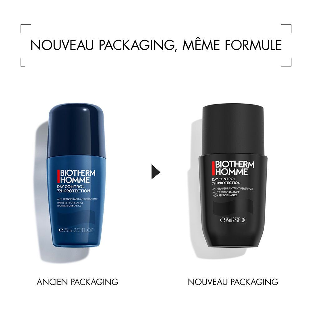 Comparaison de deux déodorants roll-on. Gauche: bleu. Droite: noir. Texte: NOUVEAU PACKAGING, MÊME FORMULE.