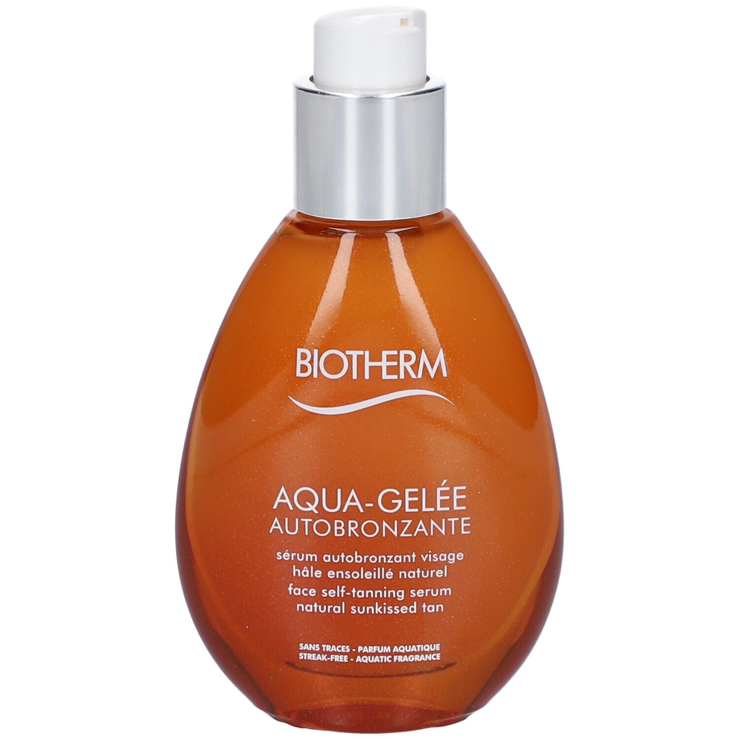 BIOTHERM AQUA-GELÉE Autobronzant. Flacon avec pompe. Texte: AQUA-GELÉE AUTOBRONZANTE, face self-tanning serum.