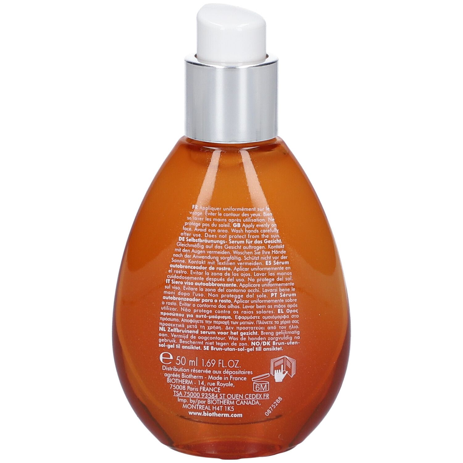 Dos du flacon BIOTHERM AQUA-GELÉE Autobronzant. Texte multilingue. Ingrédients et informations fabricant.
