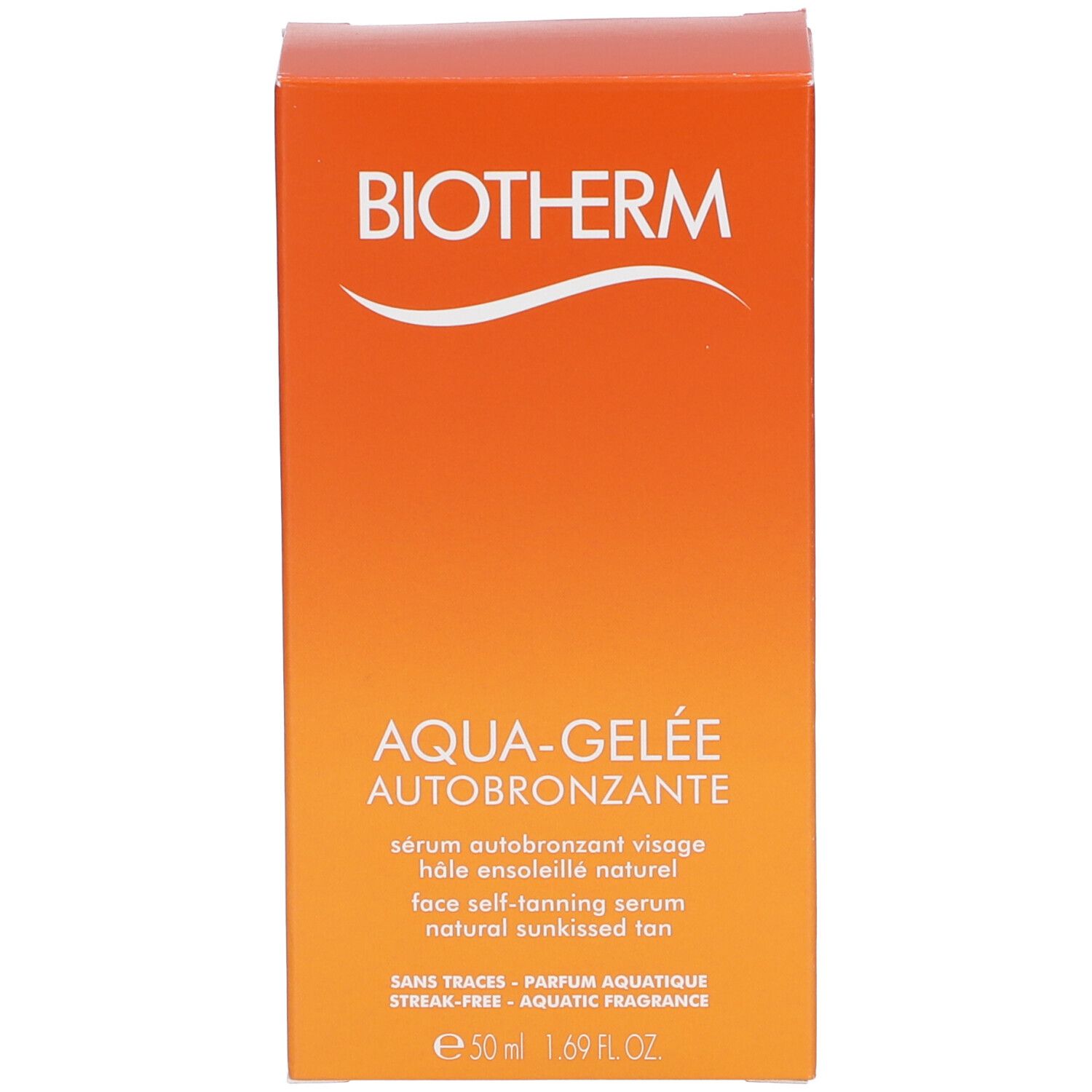 Emballage BIOTHERM AQUA-GELÉE Autobronzant. Texte: AQUA-GELÉE AUTOBRONZANTE, face self-tanning serum. 50 ml.