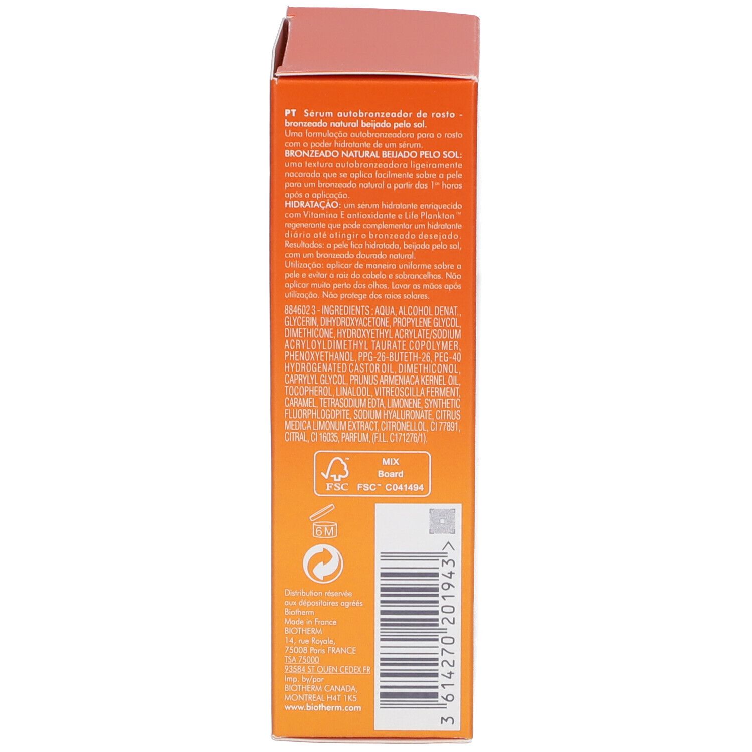 Dos de l'emballage BIOTHERM AQUA-GELÉE. Texte multilingue. Ingrédients et informations fabricant.