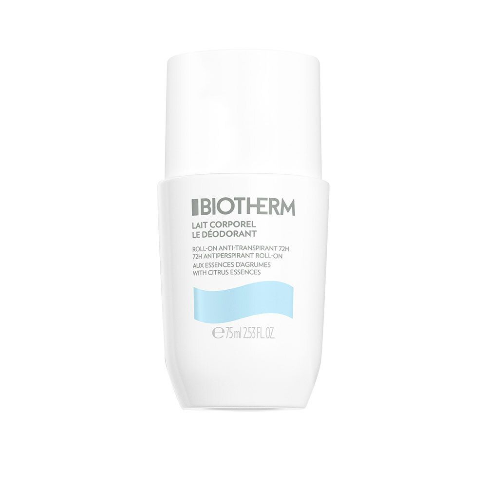 Déodorant roll-on blanc Biotherm. Nom du produit et détails sur le devant. Forme d'onde bleue. 75ml.