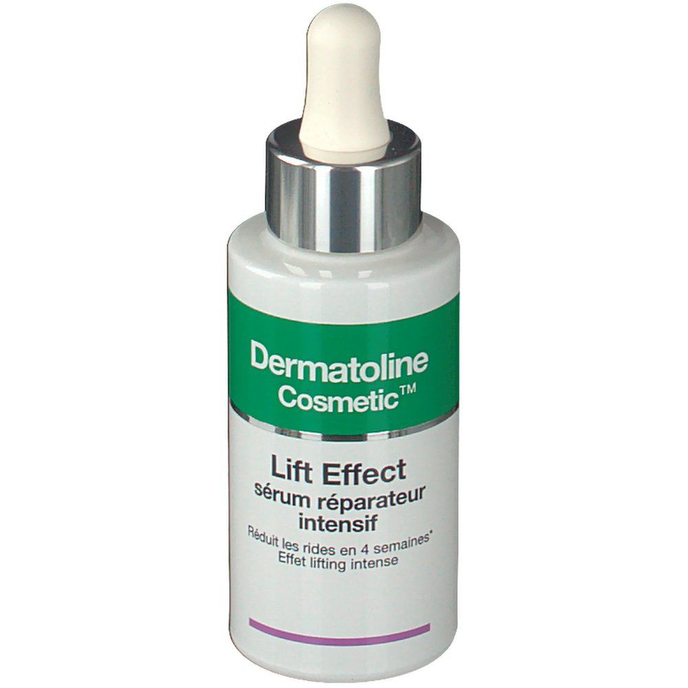 Flacon de sérum avec pipette. Inscription: Dermatoline Cosmetic, Lift Effect, sérum réparateur intensif. Réduit les rides en 4 semaines.