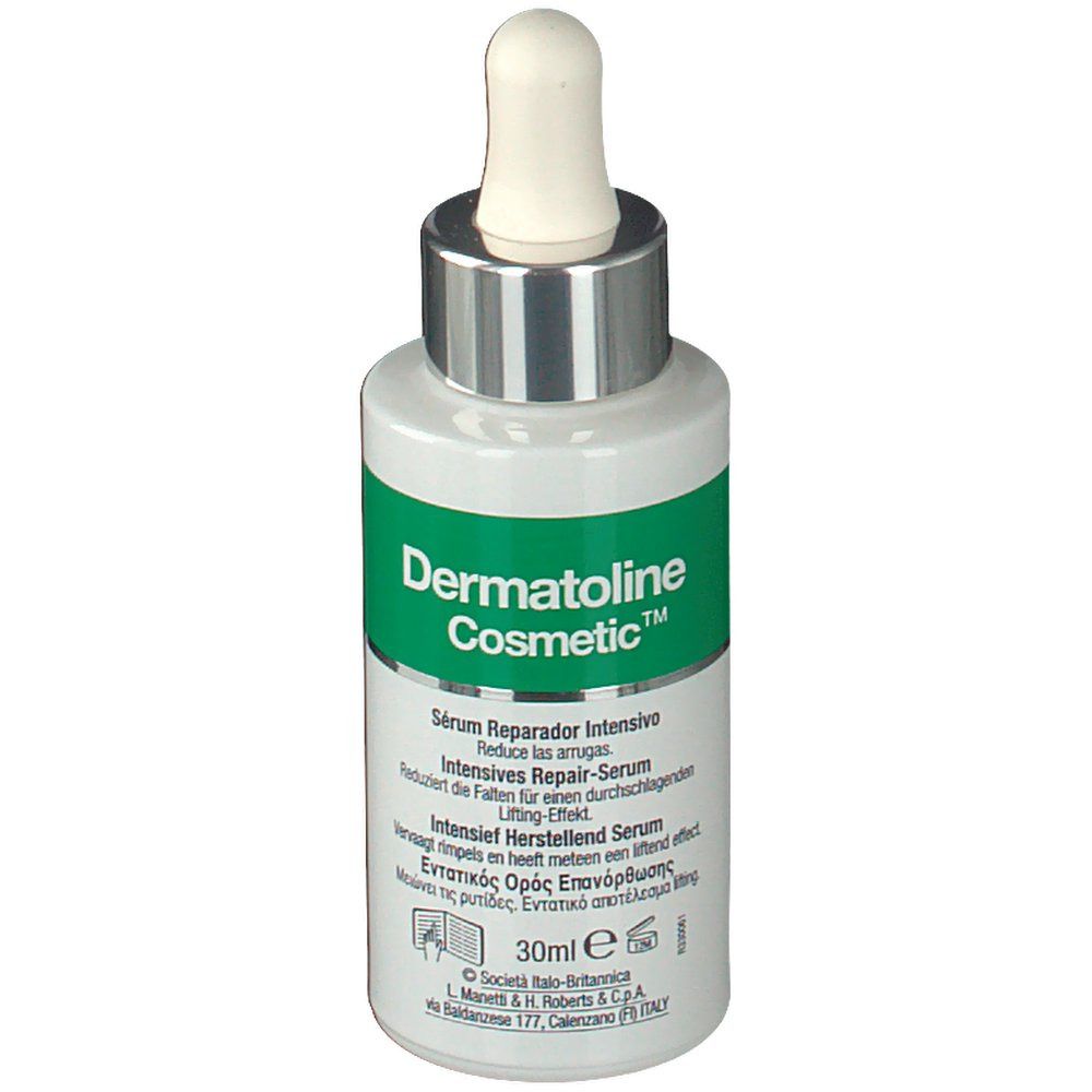 Flacon de sérum avec pipette. Inscription: Dermatoline Cosmetic, Sérum Réparateur Intensif, 30ml. Informations produit multilingues.