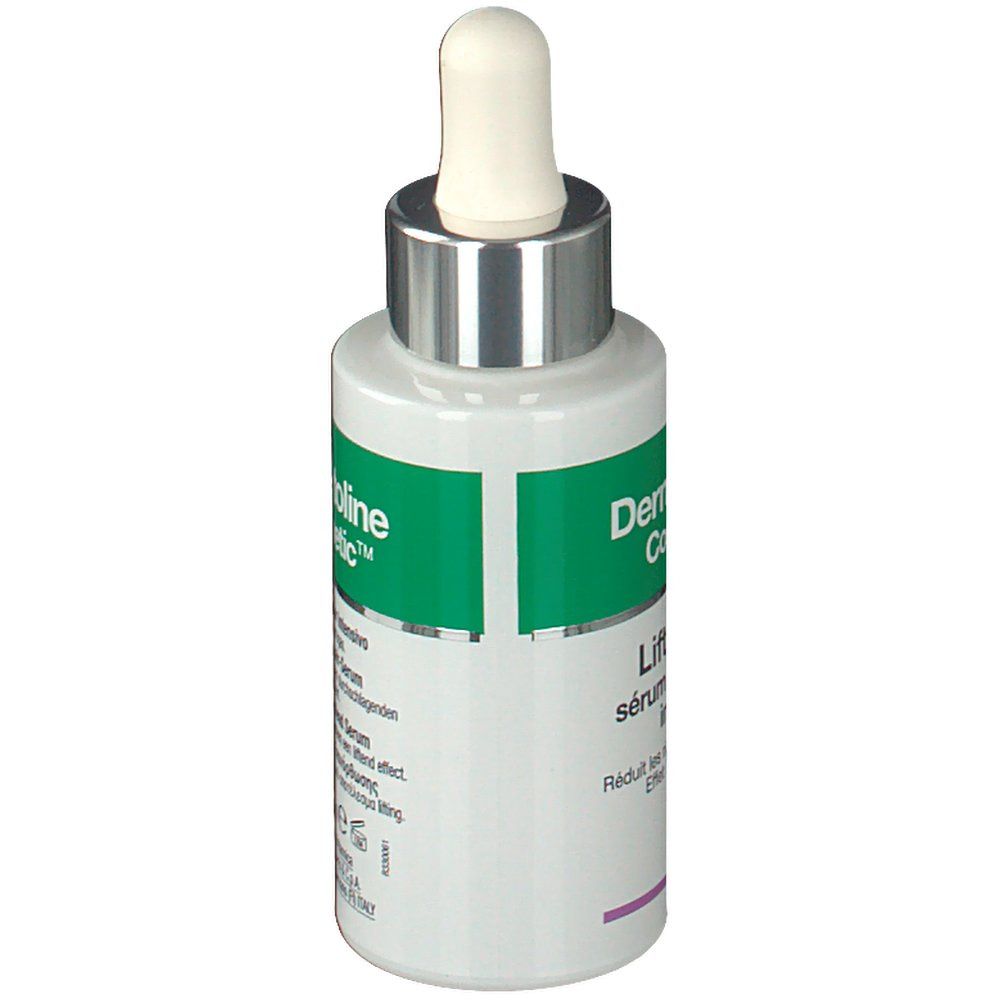 Flacon de sérum avec pipette. Inscription: Dermatoline Cosmetic, Lift Effect, sérum réparateur intensif. Vue latérale de l'emballage.