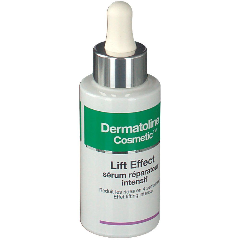 Flacon de sérum avec pipette. Inscription: Dermatoline Cosmetic, Lift Effect, sérum réparateur intensif. Emballage du produit.