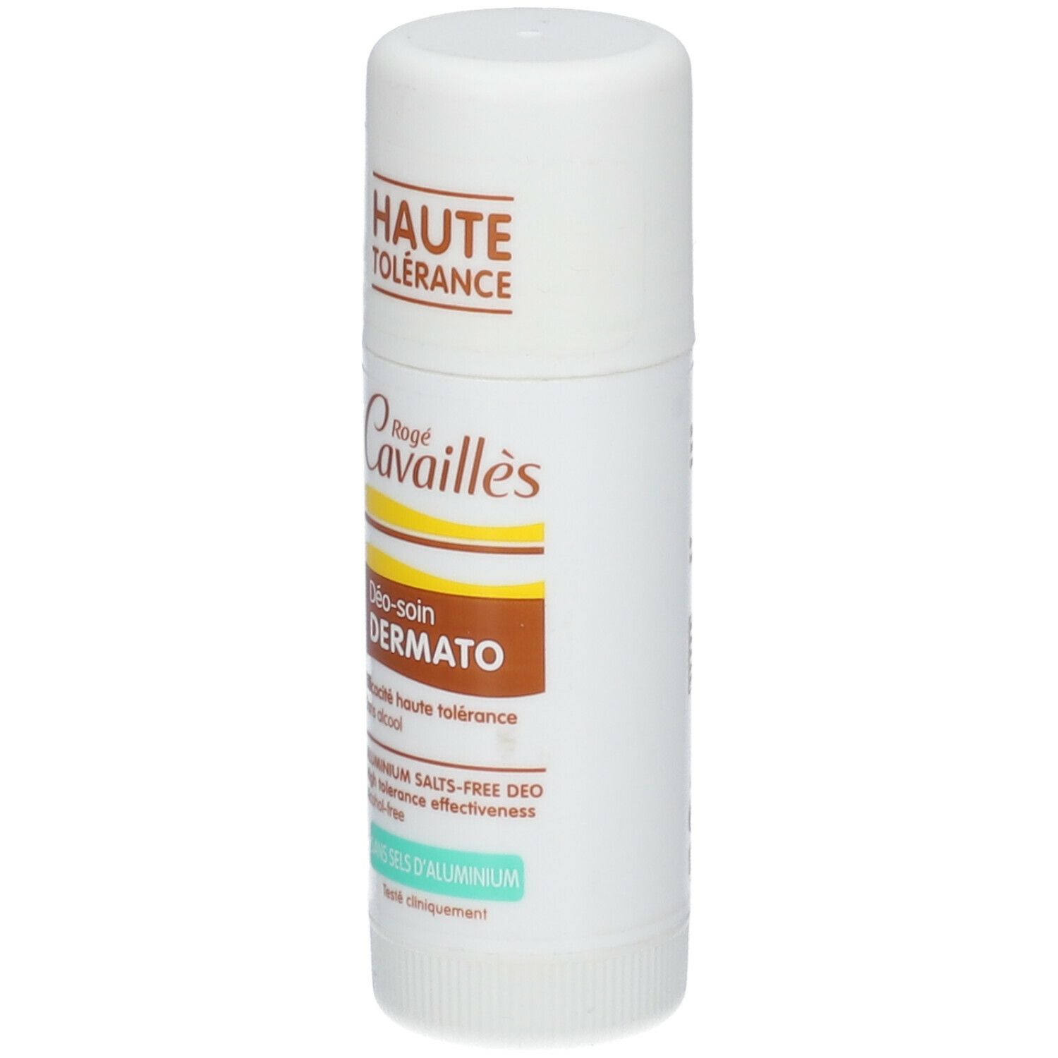 Stick blanc avec accents marron et jaune. Inscription: Rogé Cavaillès Déo-soin Dermato. Sans sels d'aluminium.