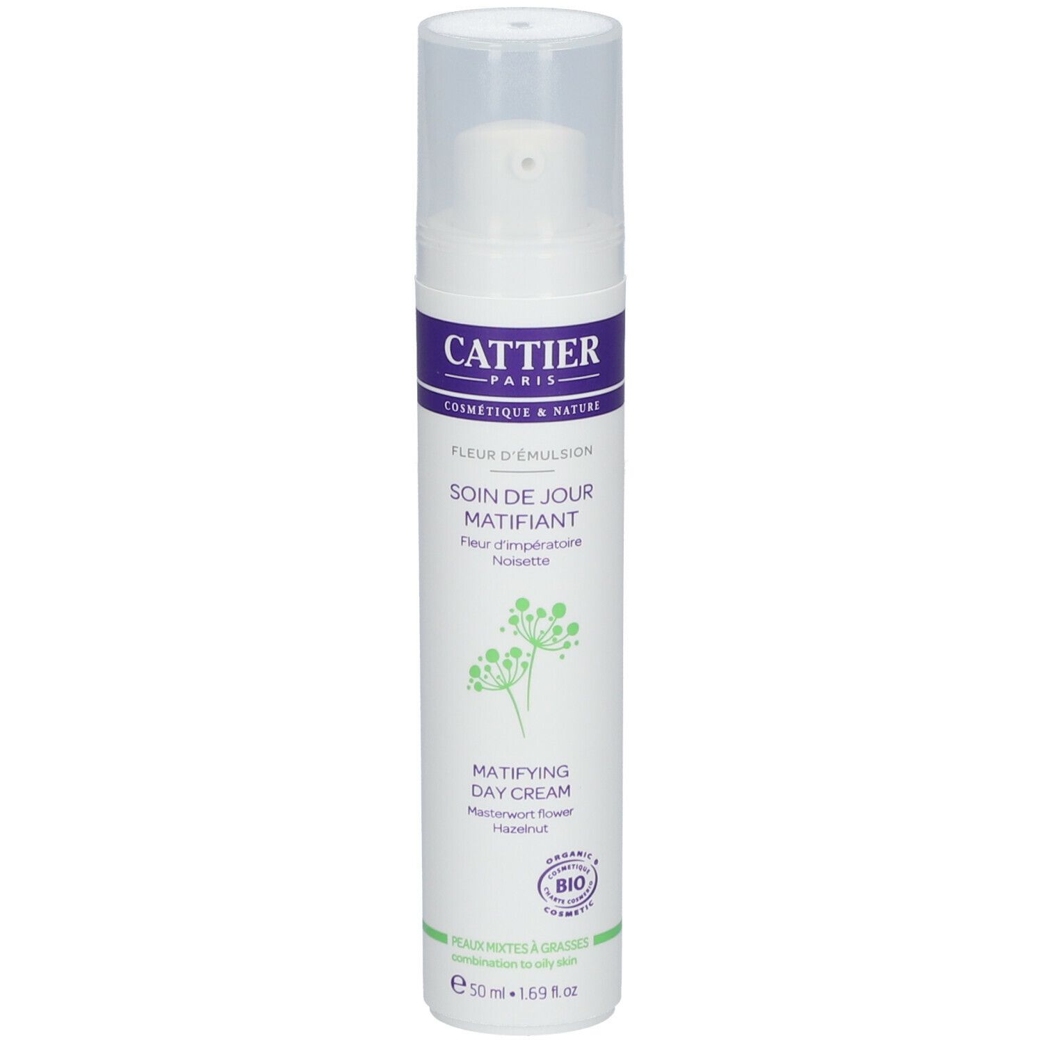 Flacon blanc avec pompe. Inscription: Cattier, Fleur d'Emulsion, Soin de Jour Matifiant, Matifying Day Cream. Label Bio.