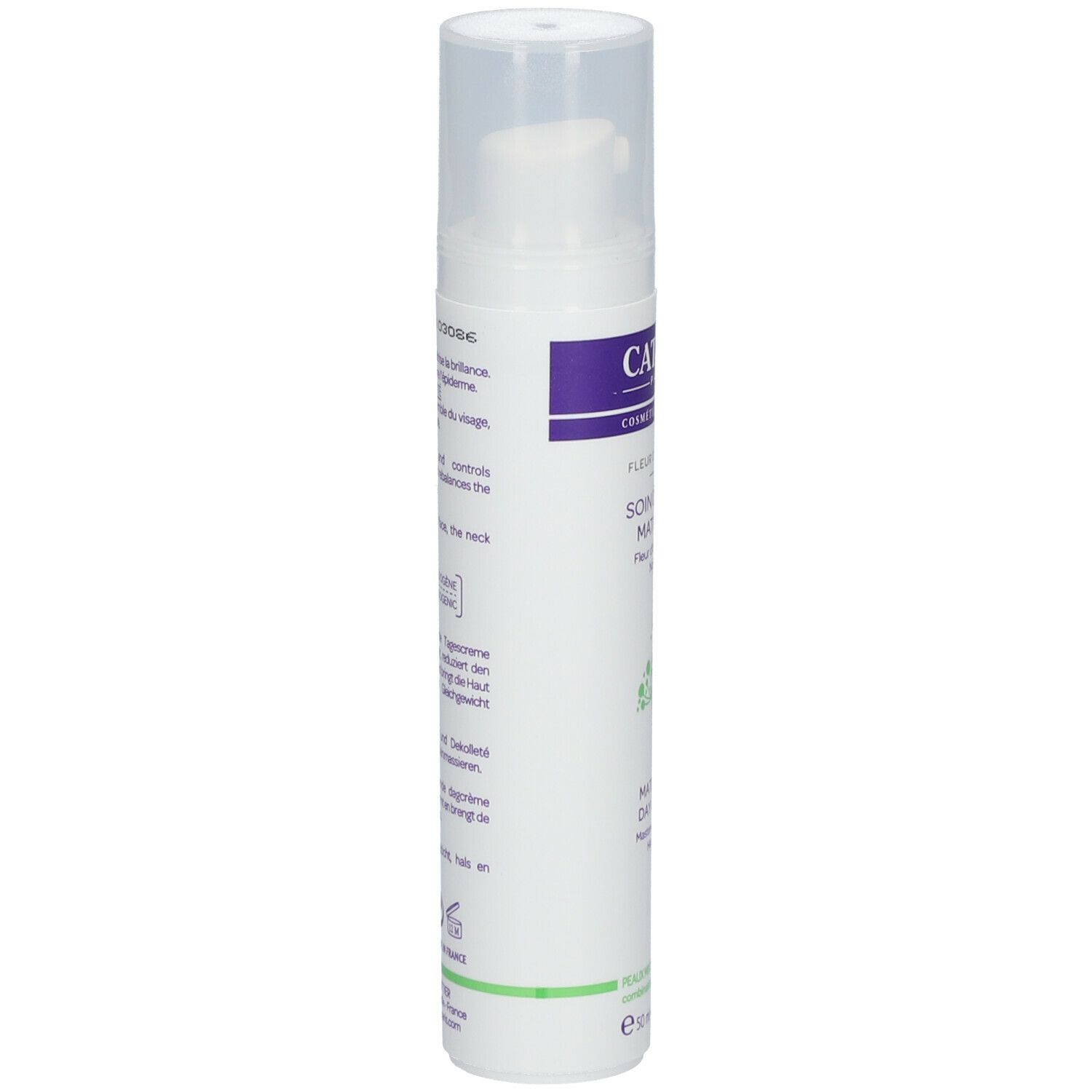 Flacon blanc avec pompe. Inscription: Cattier, Fleur d'Emulsion, Soin de Jour Matifiant, Matifying Day Cream. Label Bio.