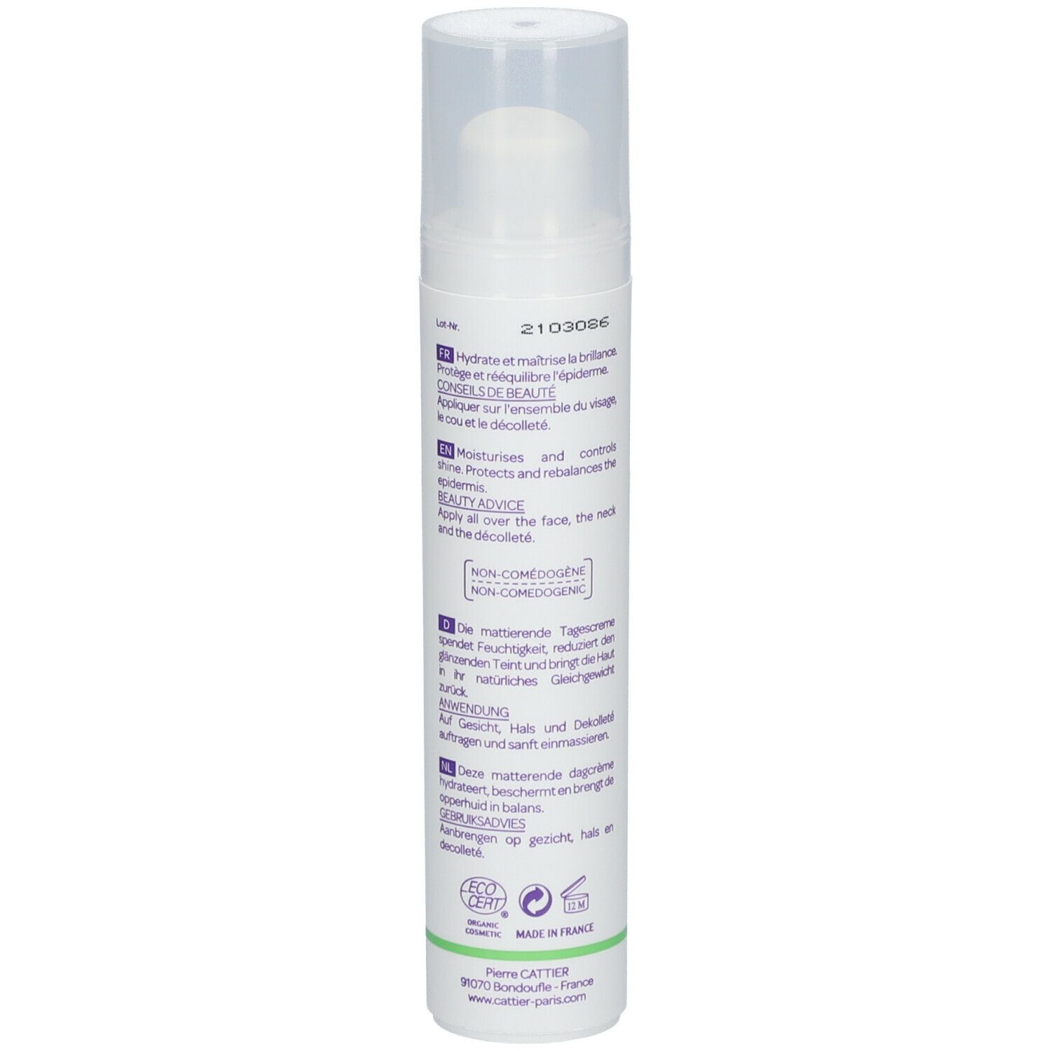 Flacon blanc avec pompe. Inscription: Cattier, Fleur d'Emulsion, Soin de Jour Matifiant, Matifying Day Cream. Label Bio.