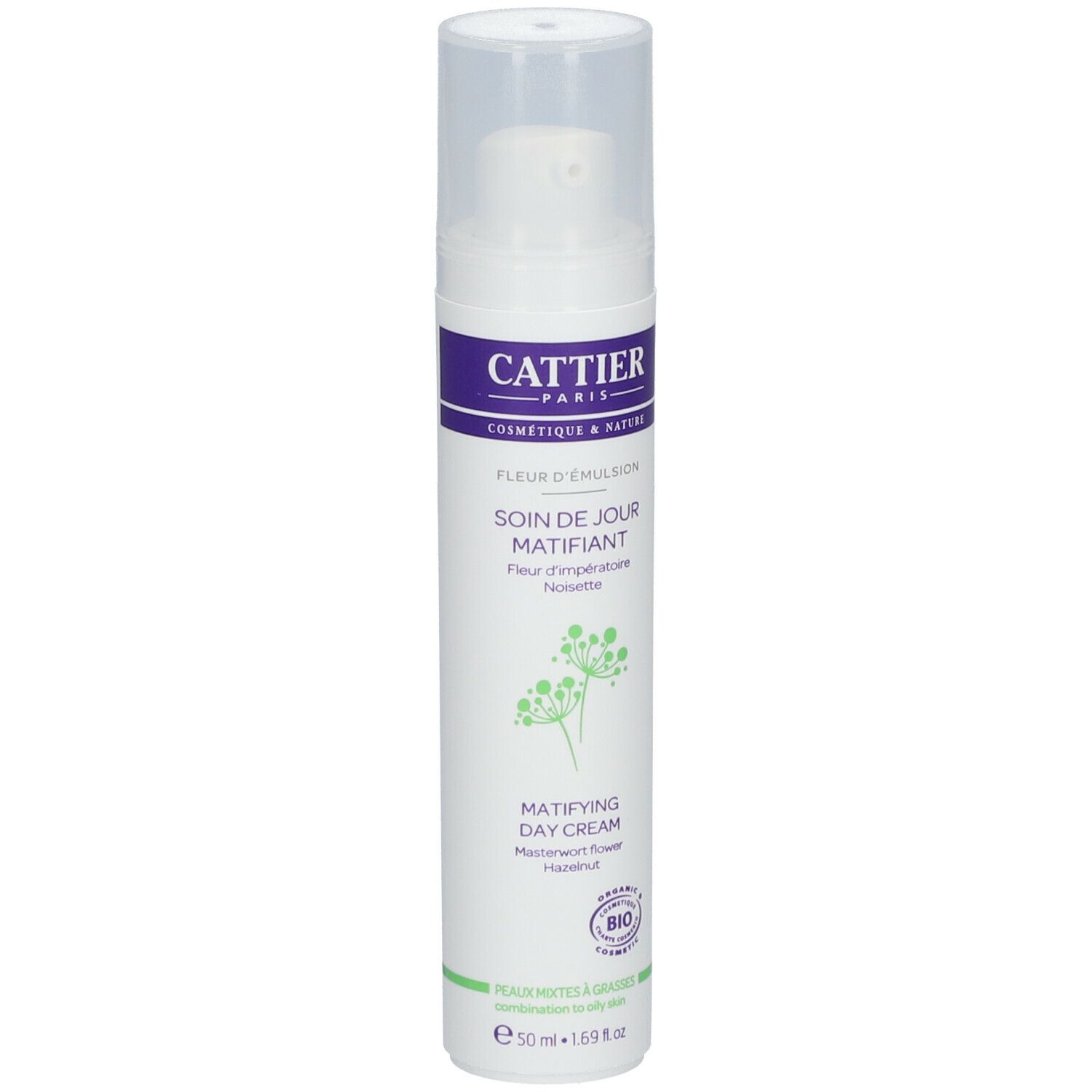 Flacon blanc avec pompe. Inscription: Cattier, Fleur d'Emulsion, Soin de Jour Matifiant, Matifying Day Cream. Label Bio.