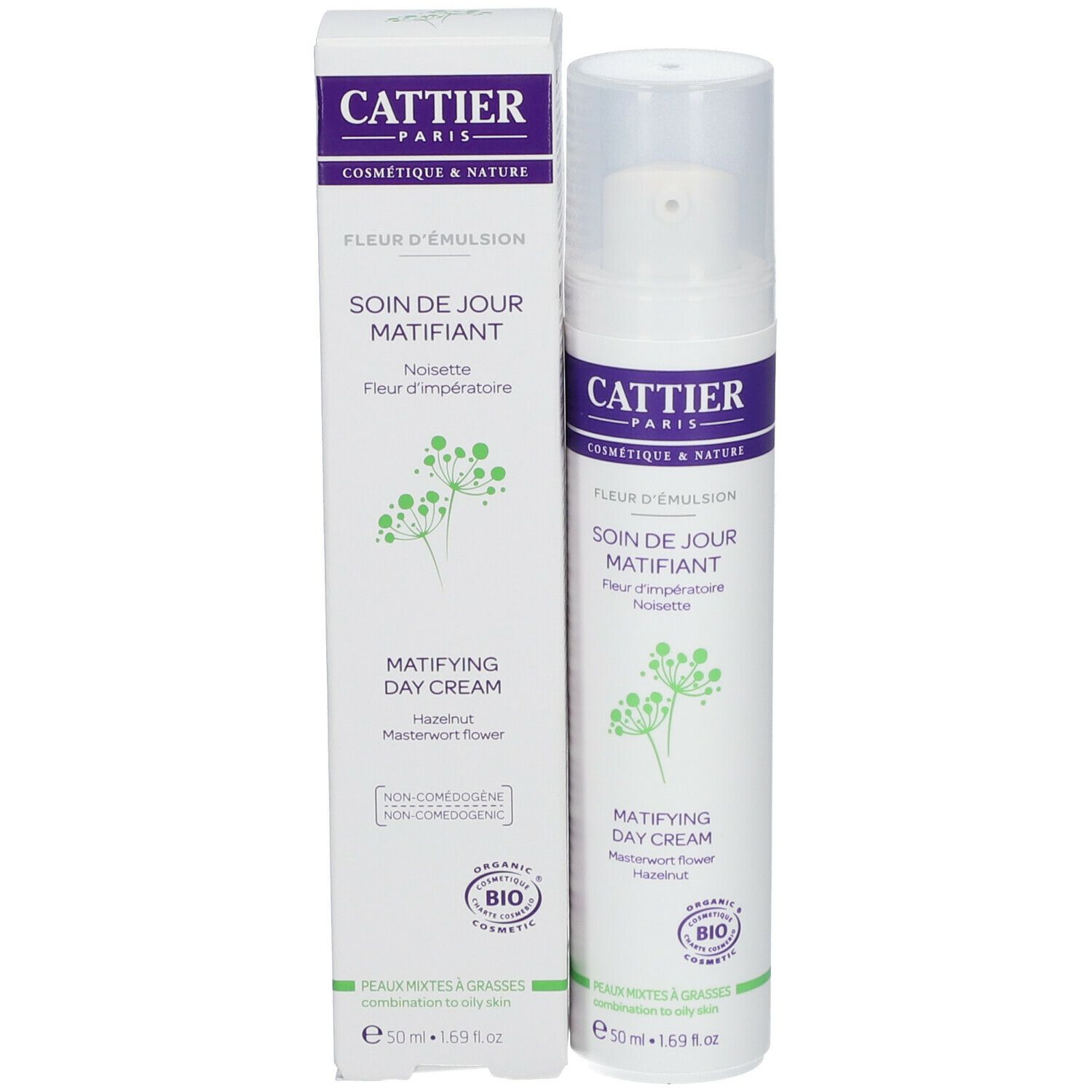 Flacon et boîte. Inscription: Cattier, Fleur d'Emulsion, Soin de Jour Matifiant, Matifying Day Cream. Label Bio.