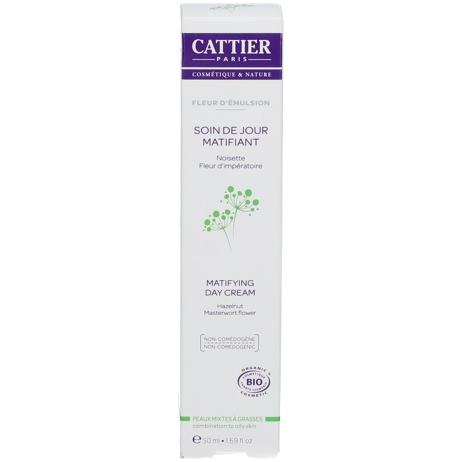 Emballage du produit. Inscription: Cattier, Fleur d'Emulsion, Soin de Jour Matifiant, Matifying Day Cream. Label Bio.