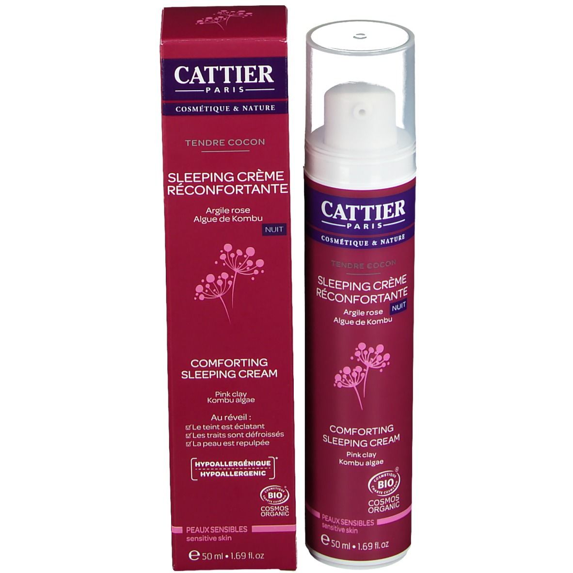 Cattier Crème de nuit avec emballage. Flacon rose et carton. Texte: Sleeping Crème Réconfortante, certification bio, hypoallergénique.