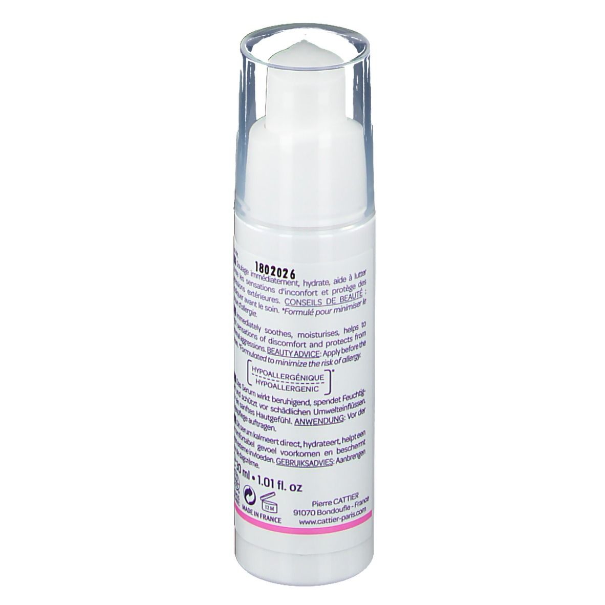 Dos du flacon blanc avec texte. Inscription: Sérum douceur apaisant, Defensil®-Plus. Texte en plusieurs langues.