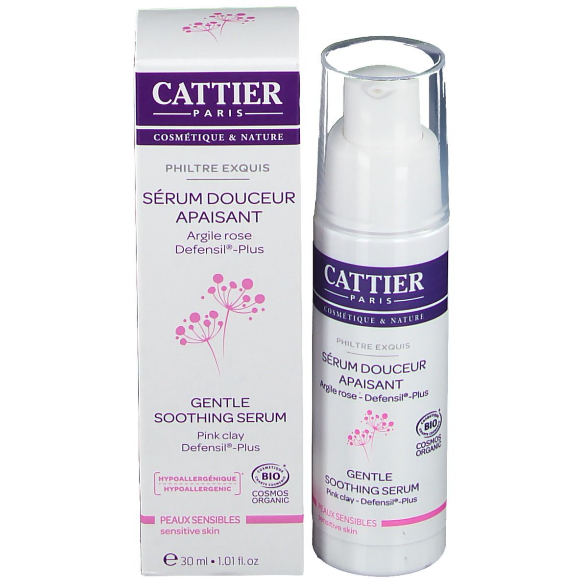Produit et emballage. Flacon blanc avec pompe et carton. Inscription: Cattier Paris, Sérum douceur apaisant, Defensil®-Plus.