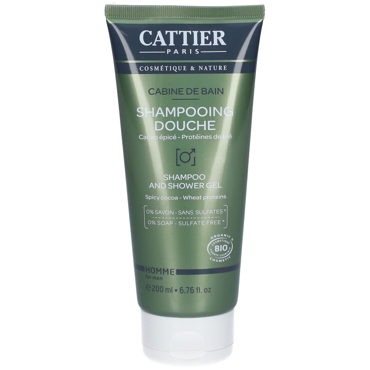 Tube vert avec bouchon blanc. Inscription: Cattier, Shampooing Douche, pour hommes. Certification Bio.