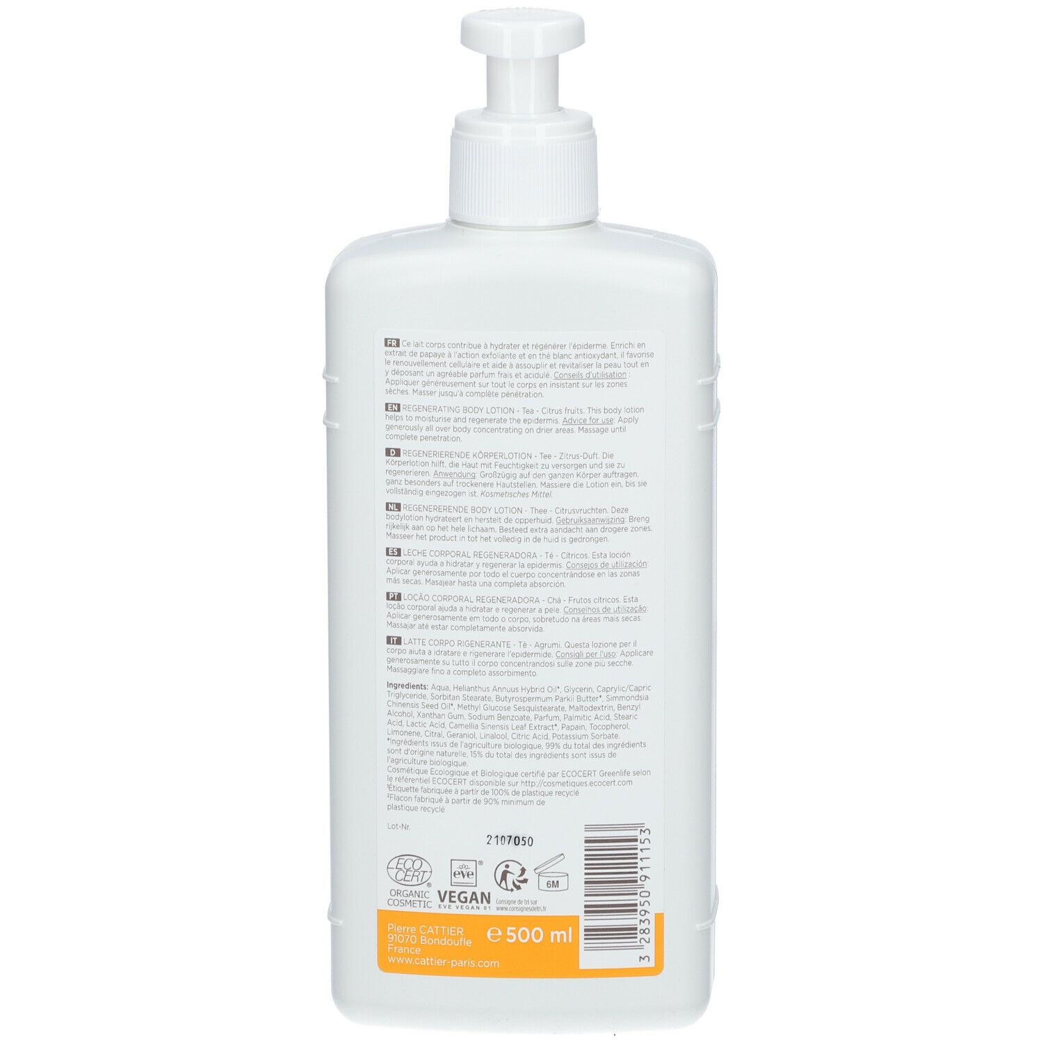 CATTIER Lait corps régénérant Thé et Agrumes Bio