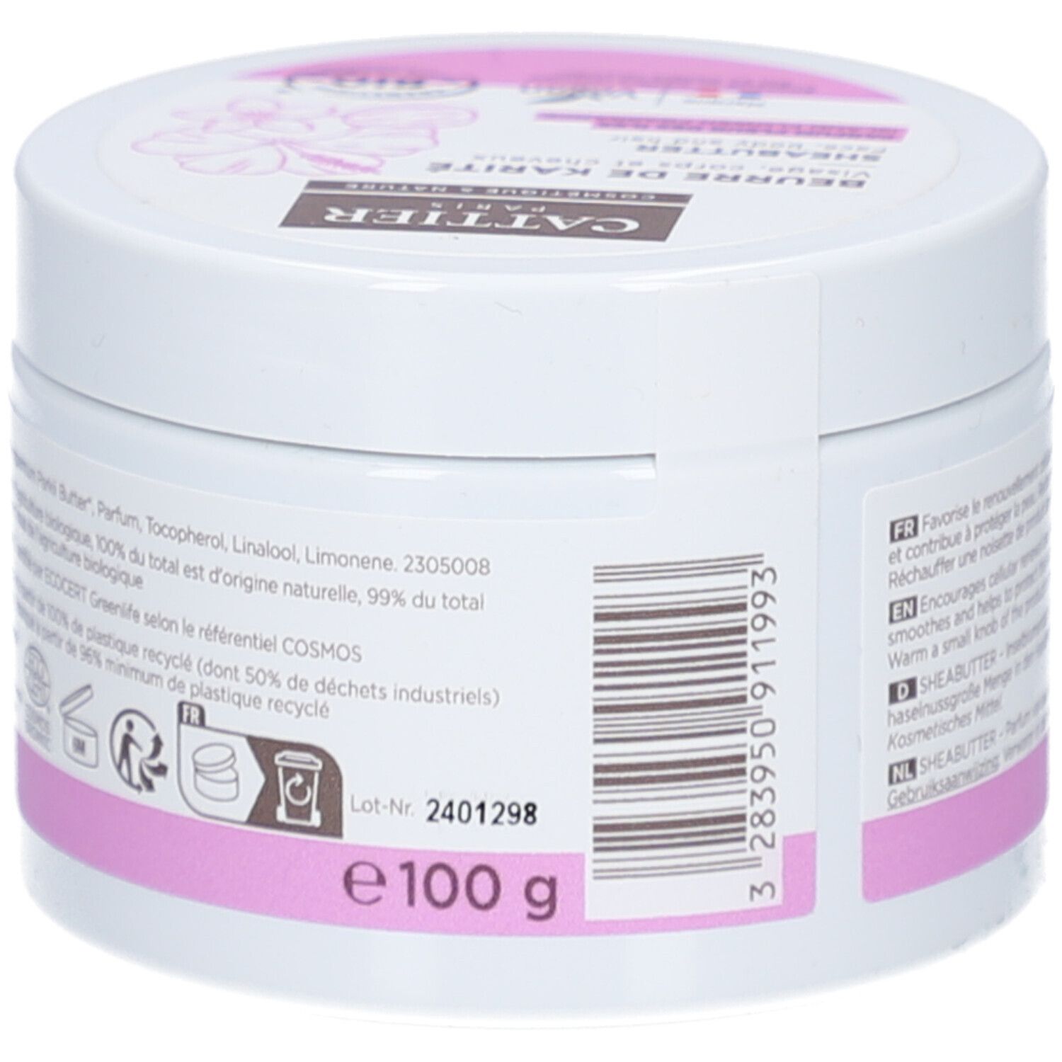 Pot blanc, dos avec texte et informations. Inscription: 100 g. Symbole de recyclage.