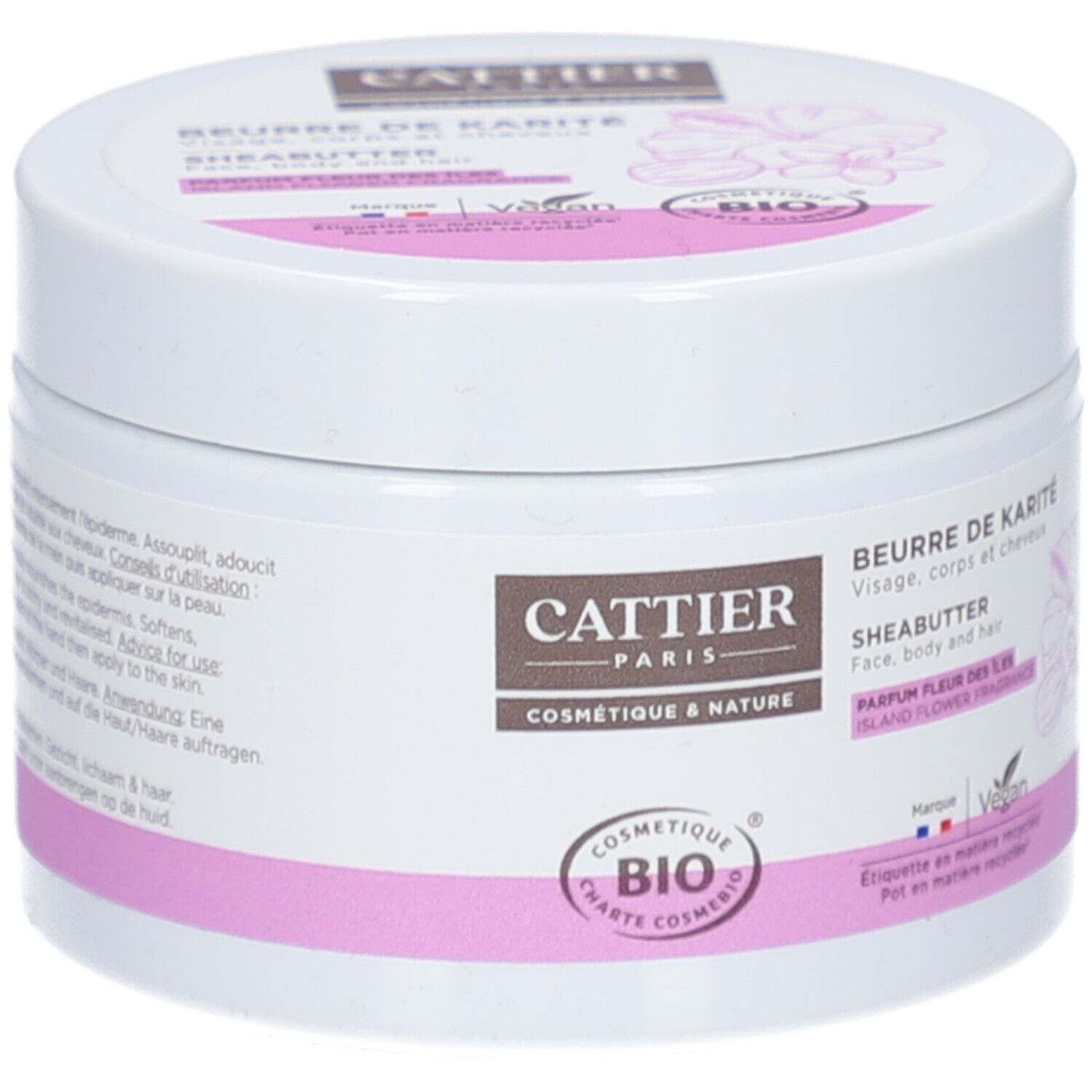 Pot blanc avec bande rose. Inscription: Cattier, Beurre de Karité, Sheabutter. Certification bio. Vegan.