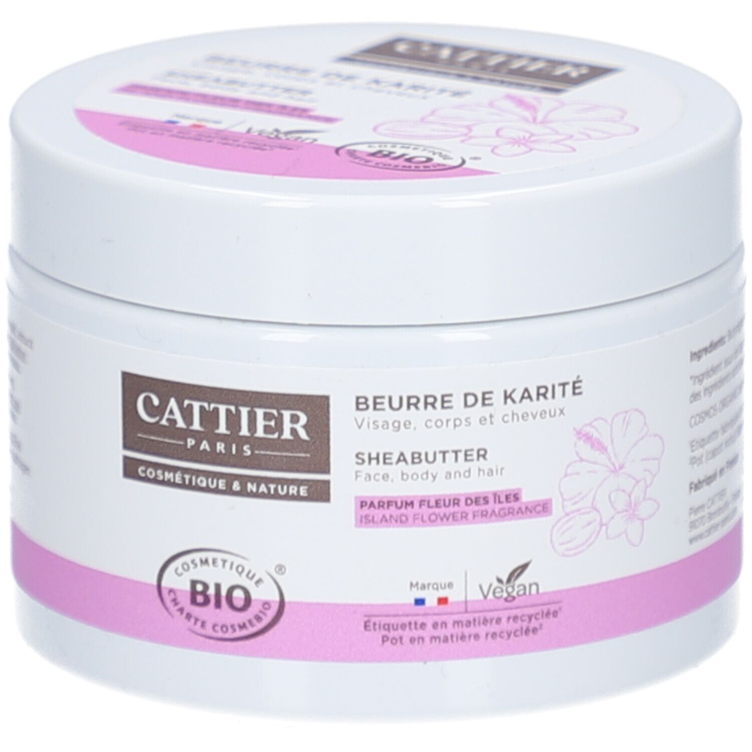 Pot blanc avec bande rose. Inscription: Cattier, Beurre de Karité, Sheabutter. Certification bio. Vegan.