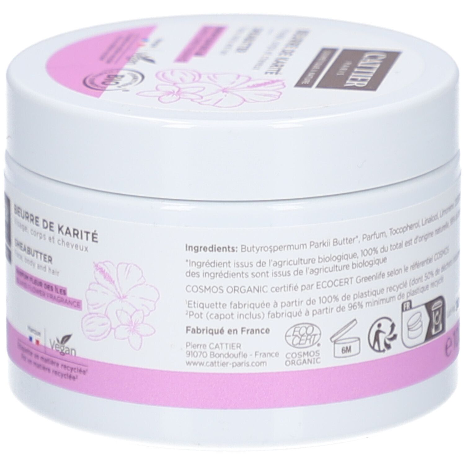 Pot blanc, dos avec texte. Inscription: Beurre de Karité, Sheabutter. Ingrédients, certifications.