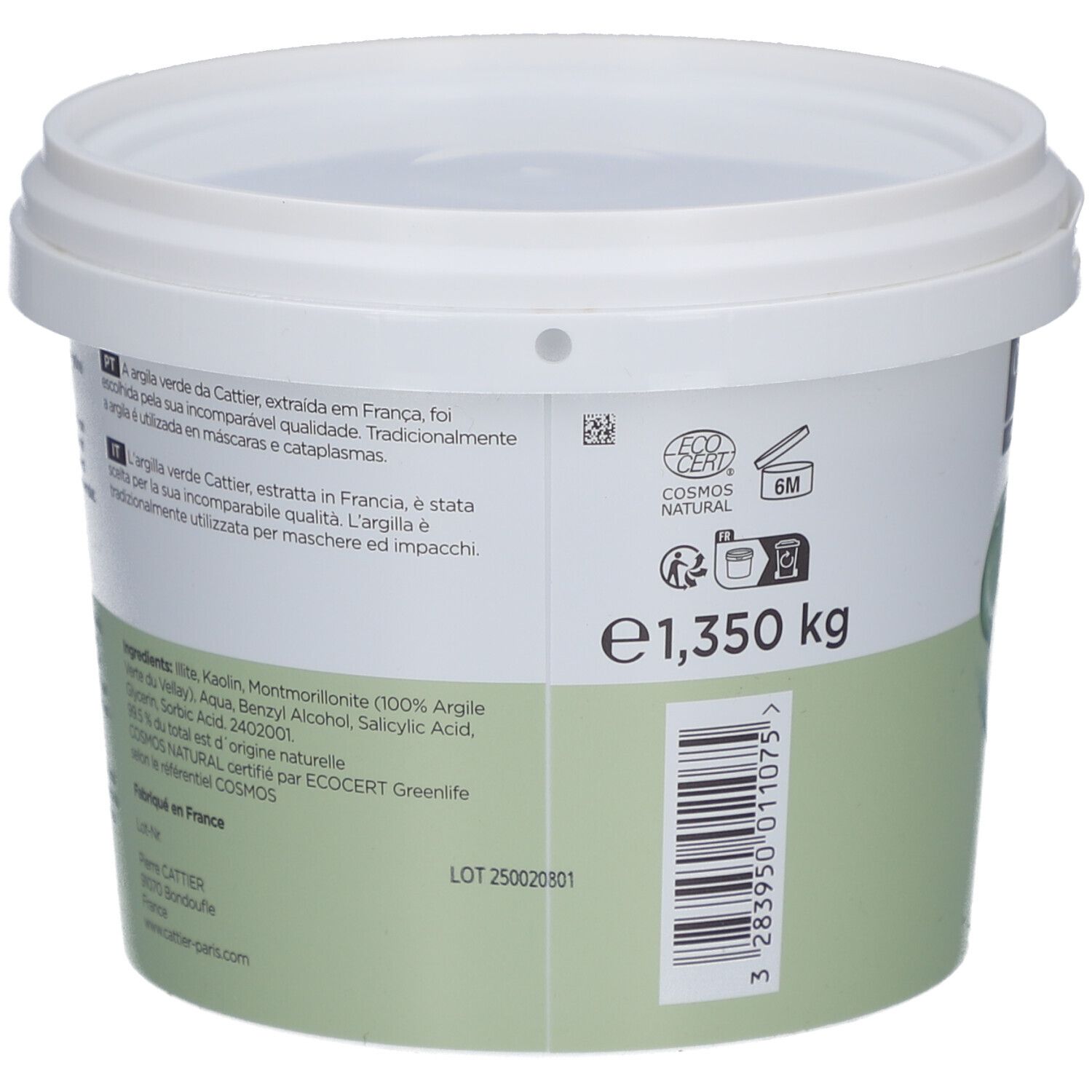 Dos du seau. Texte multilingue. Liste des ingrédients. Numéro de lot. 1,350 kg.