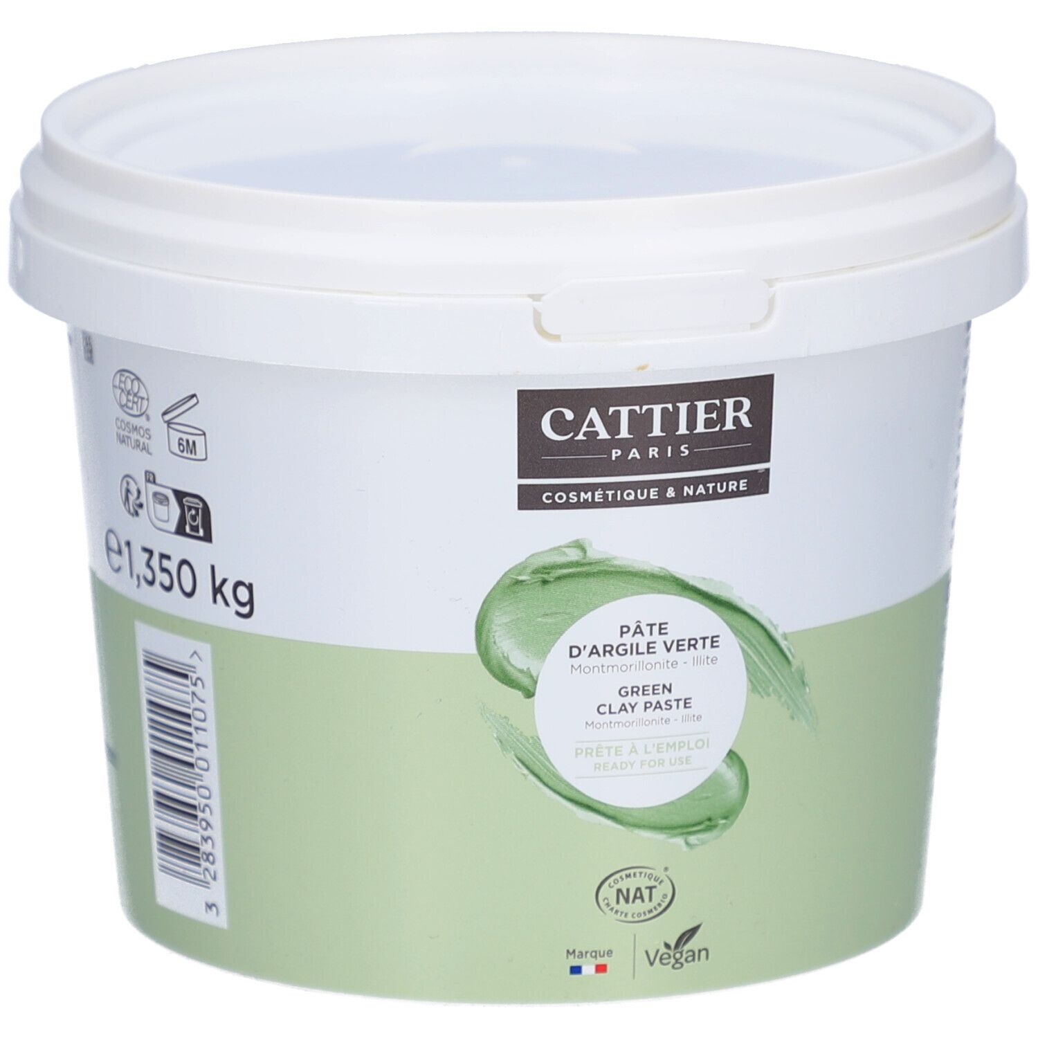 Seau blanc avec étiquette verte. Inscription: Cattier Paris, Pâte d'Argile Verte, Prête à l'emploi. 1,350 kg.