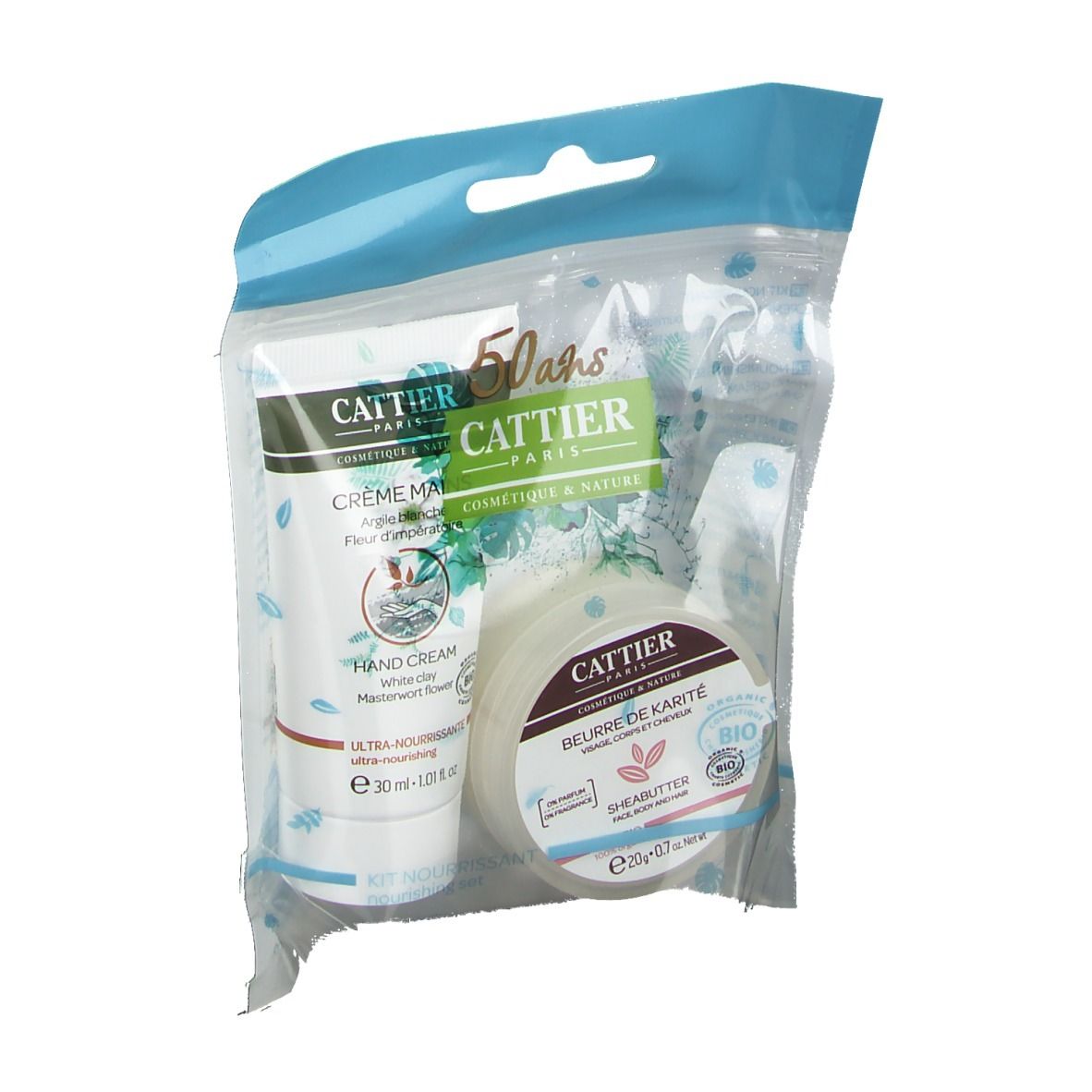 Crème pour les mains et beurre de karité dans un emballage transparent. Marque Cattier. Certification bio.