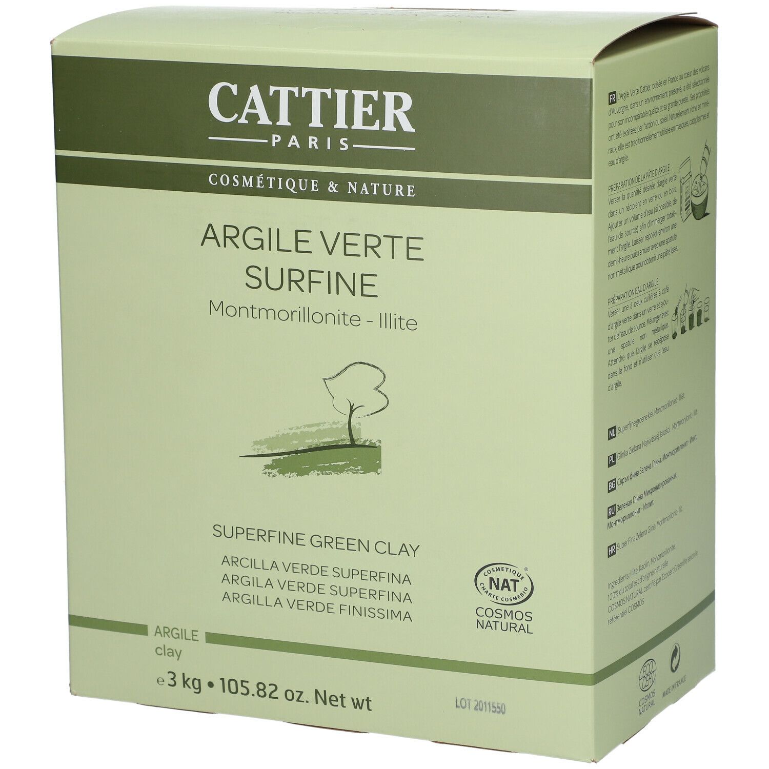 Boîte 'Cattier Paris'. 'Argile Verte Surfine' et 'Superfine Green Clay' sont visibles. Contient un certificat NAT. Poids net 3 kg.