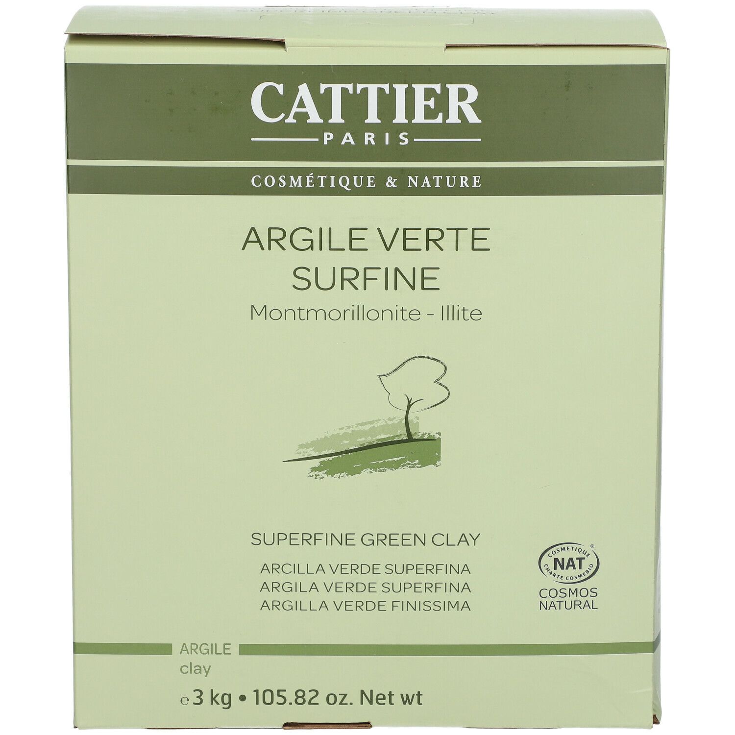 Boîte 'Cattier Paris'. 'Argile Verte Surfine' et 'Superfine Green Clay' sont visibles. Contient un certificat NAT. Poids net 3 kg.