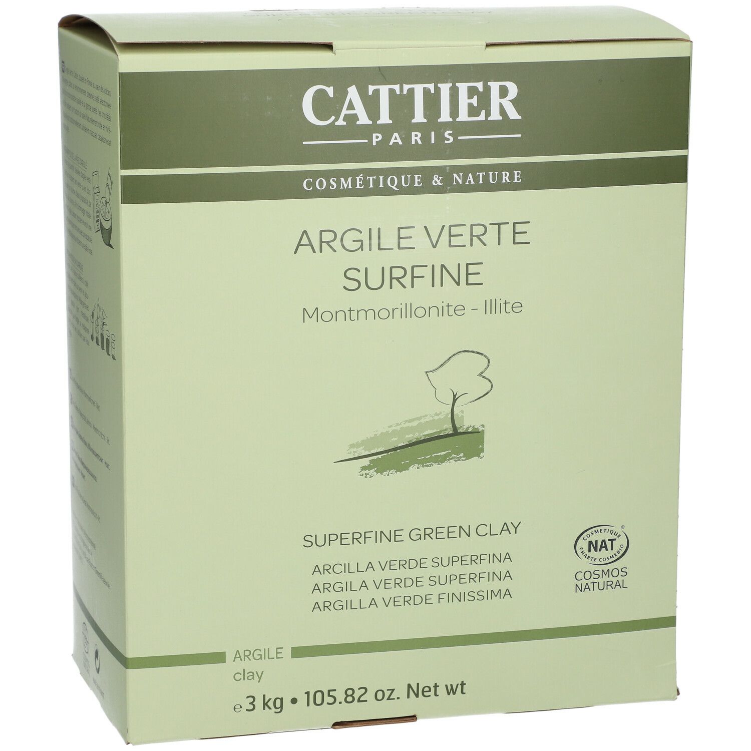 Boîte 'Cattier Paris'. 'Argile Verte Surfine' et 'Superfine Green Clay' sont visibles. Contient un certificat NAT. Poids net 3 kg.