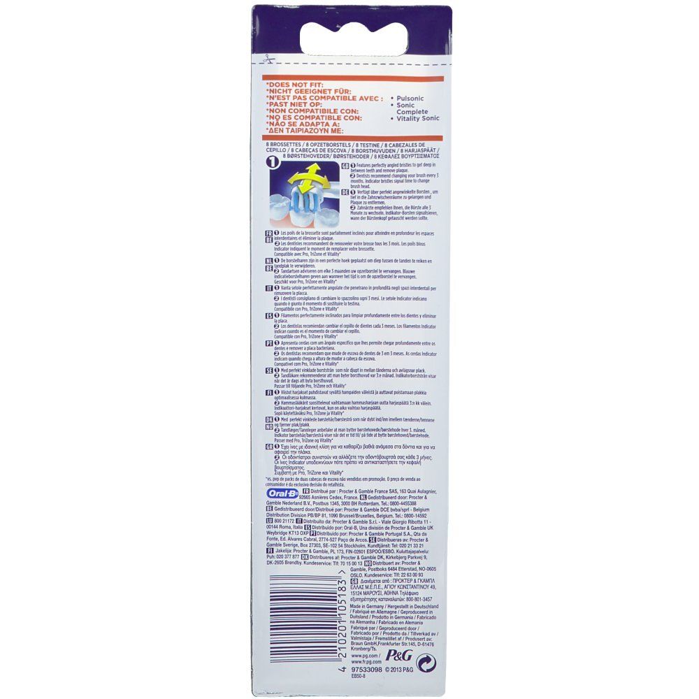 Dos de l'emballage avec texte multilingue. Logo Oral-B. Informations de compatibilité et instructions d'utilisation.
