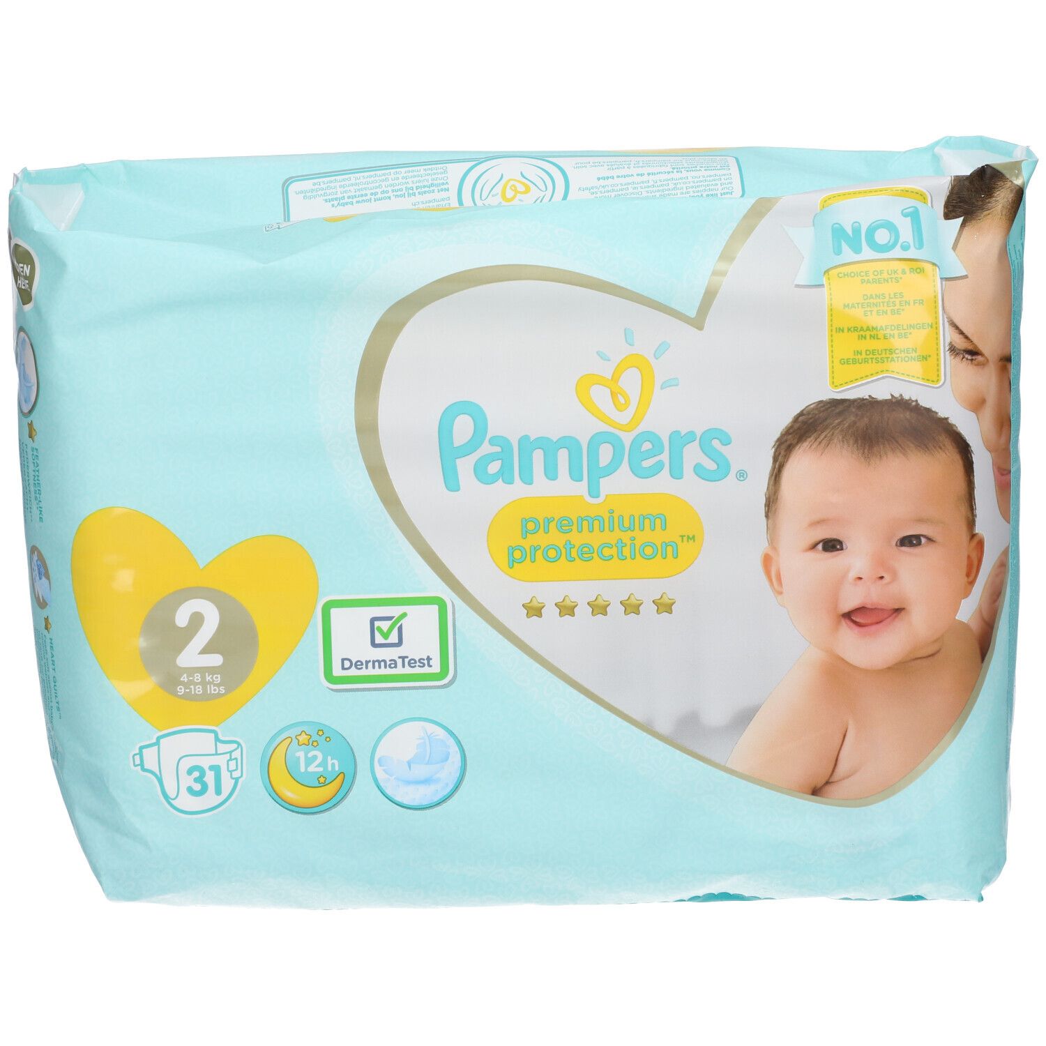 Paquet de couches Pampers taille 2 (4-8 kg). Illustration bébé, logo 'DermaTest' visible.