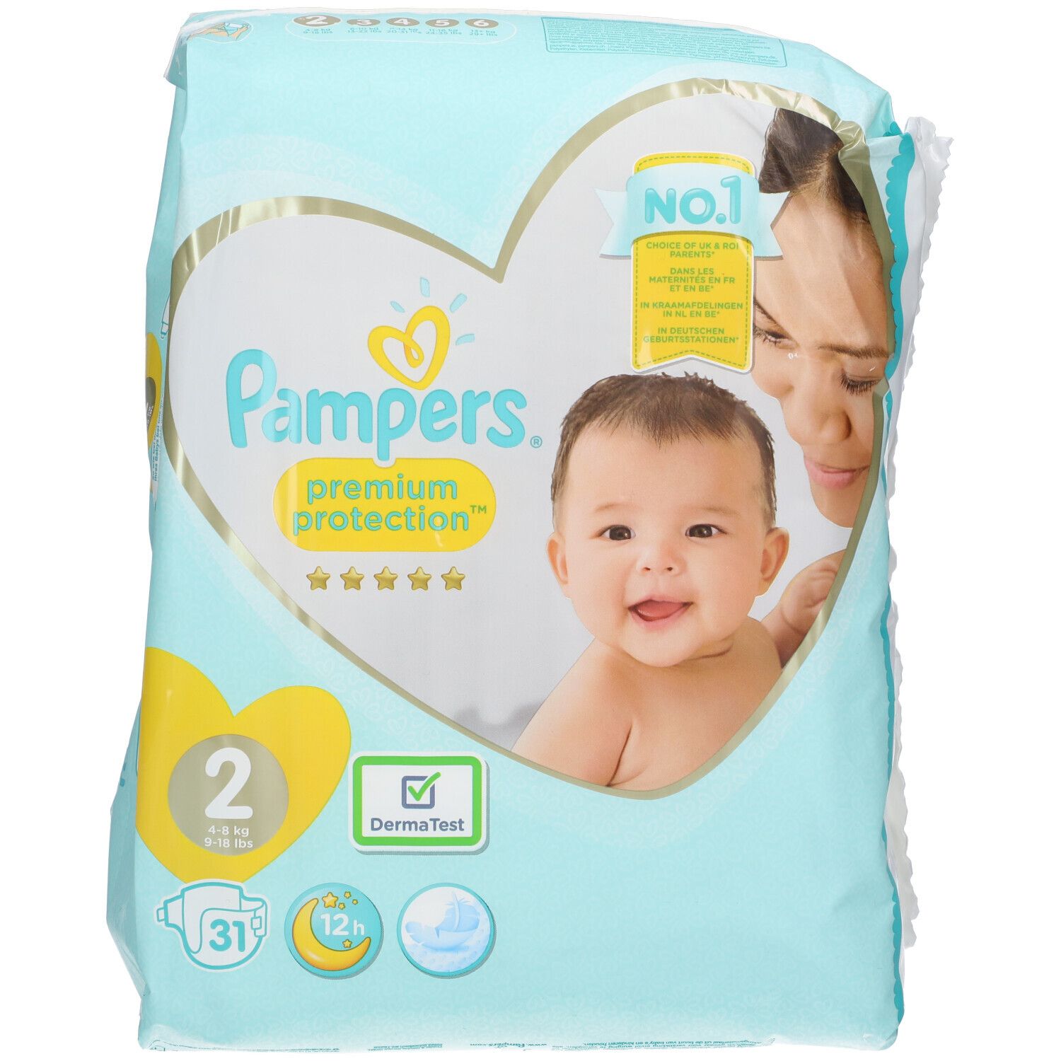 Paquet de couches Pampers taille 2 (4-8 kg). Illustration bébé, logo 'DermaTest' visible.