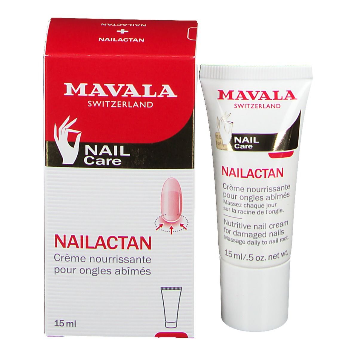 Tube et emballage Mavala Nailactan. Boîte rouge avec tube. Nom du produit et marque clairement visibles.