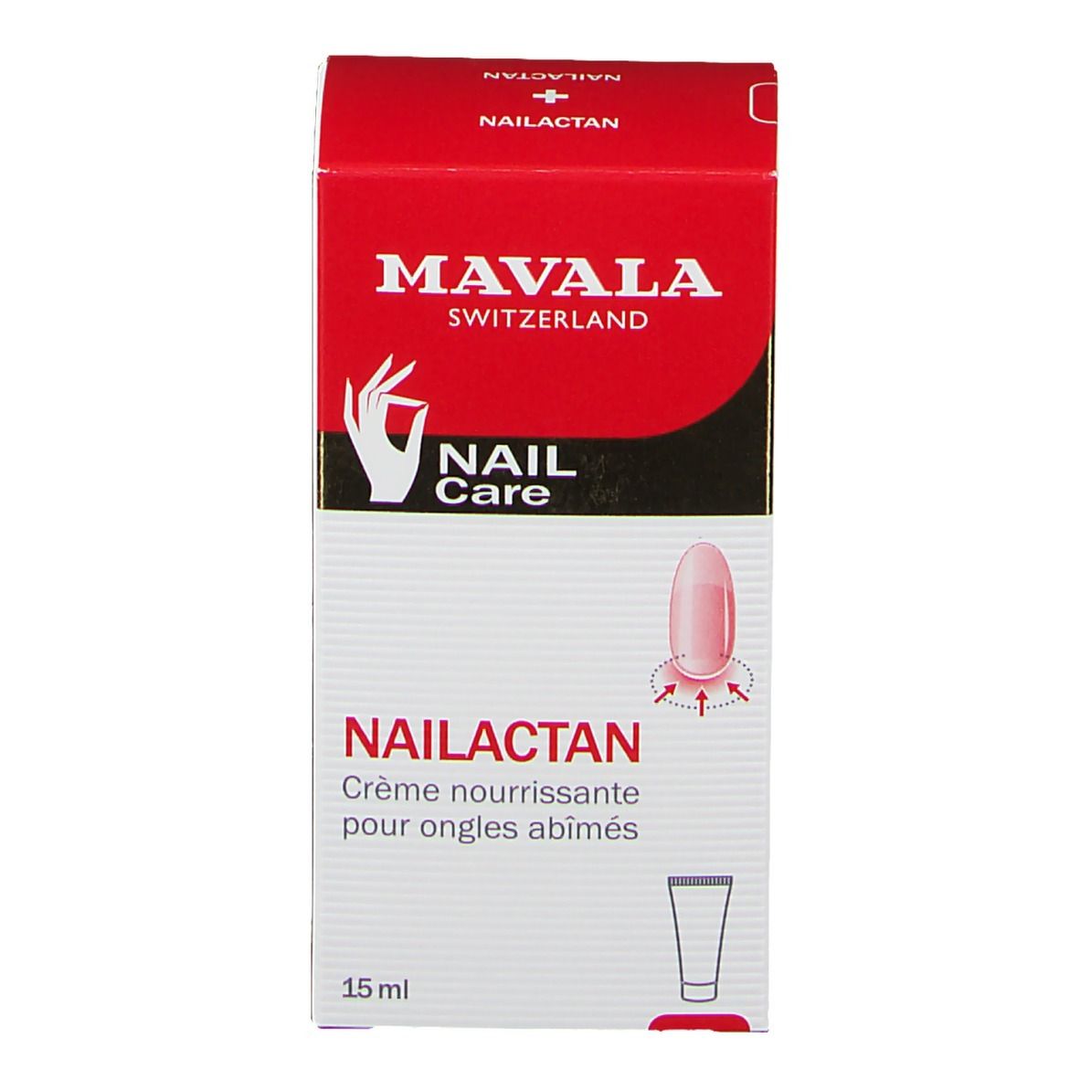 Boîte rouge Mavala Nailactan. Nom et marque du produit. Illustration d'un ongle.