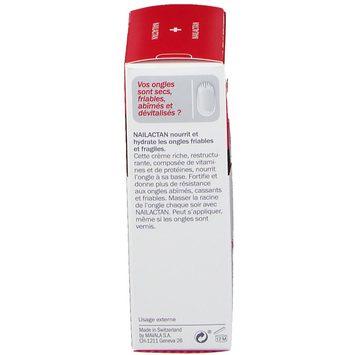 Dos de l'emballage Mavala Nailactan. Texte en français. Informations sur le produit.